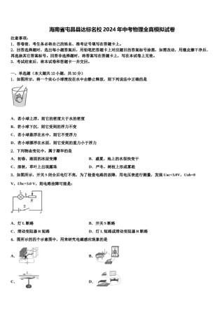 海南省屯昌县达标名校2024年中考物理全真模拟试卷含解析.doc