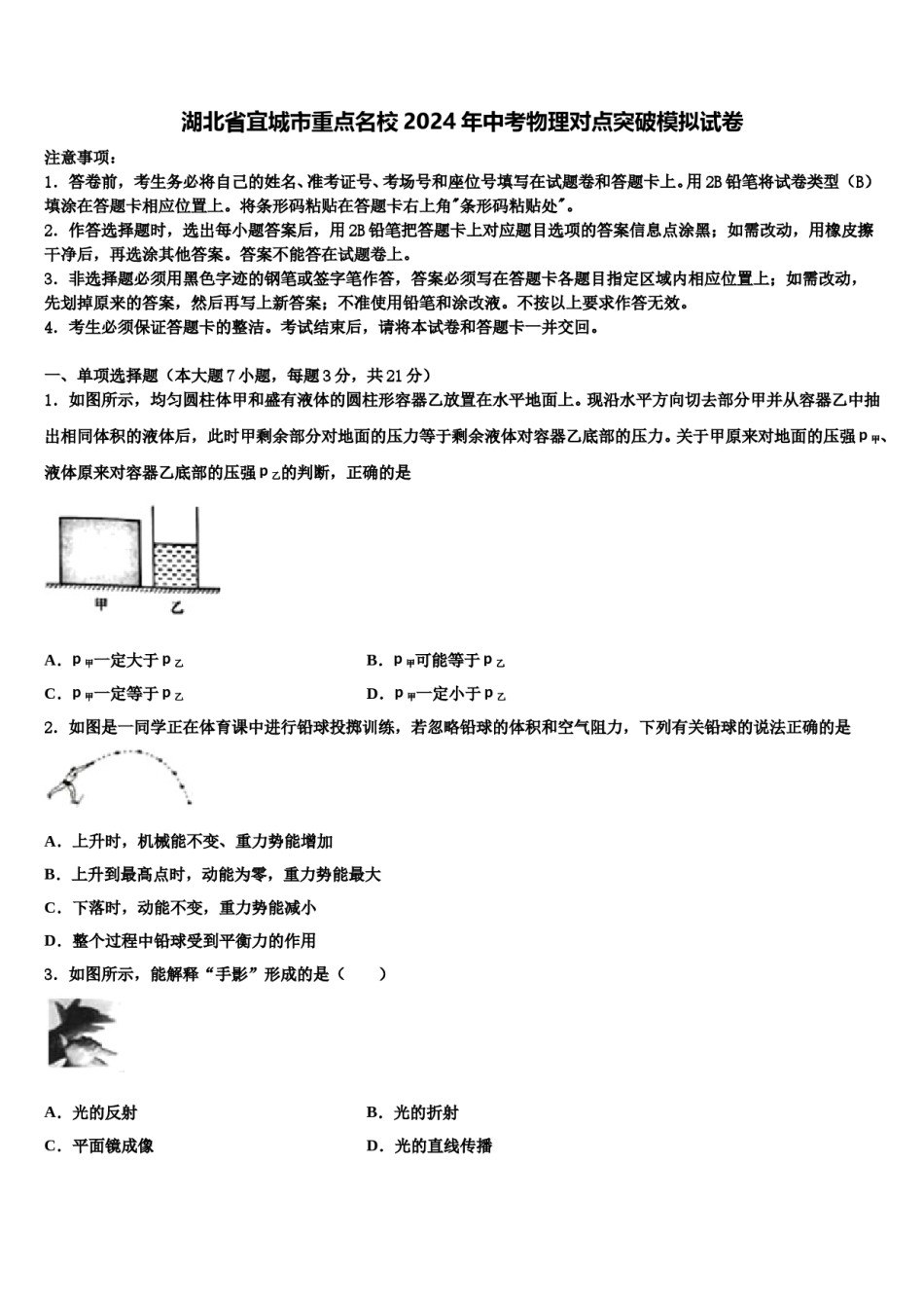 湖北省宜城市重点名校2024年中考物理对点突破模拟试卷含解析.doc_第1页