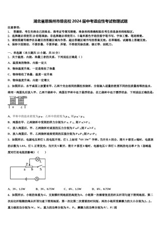 湖北省恩施州市级名校2024届中考适应性考试物理试题含解析.doc