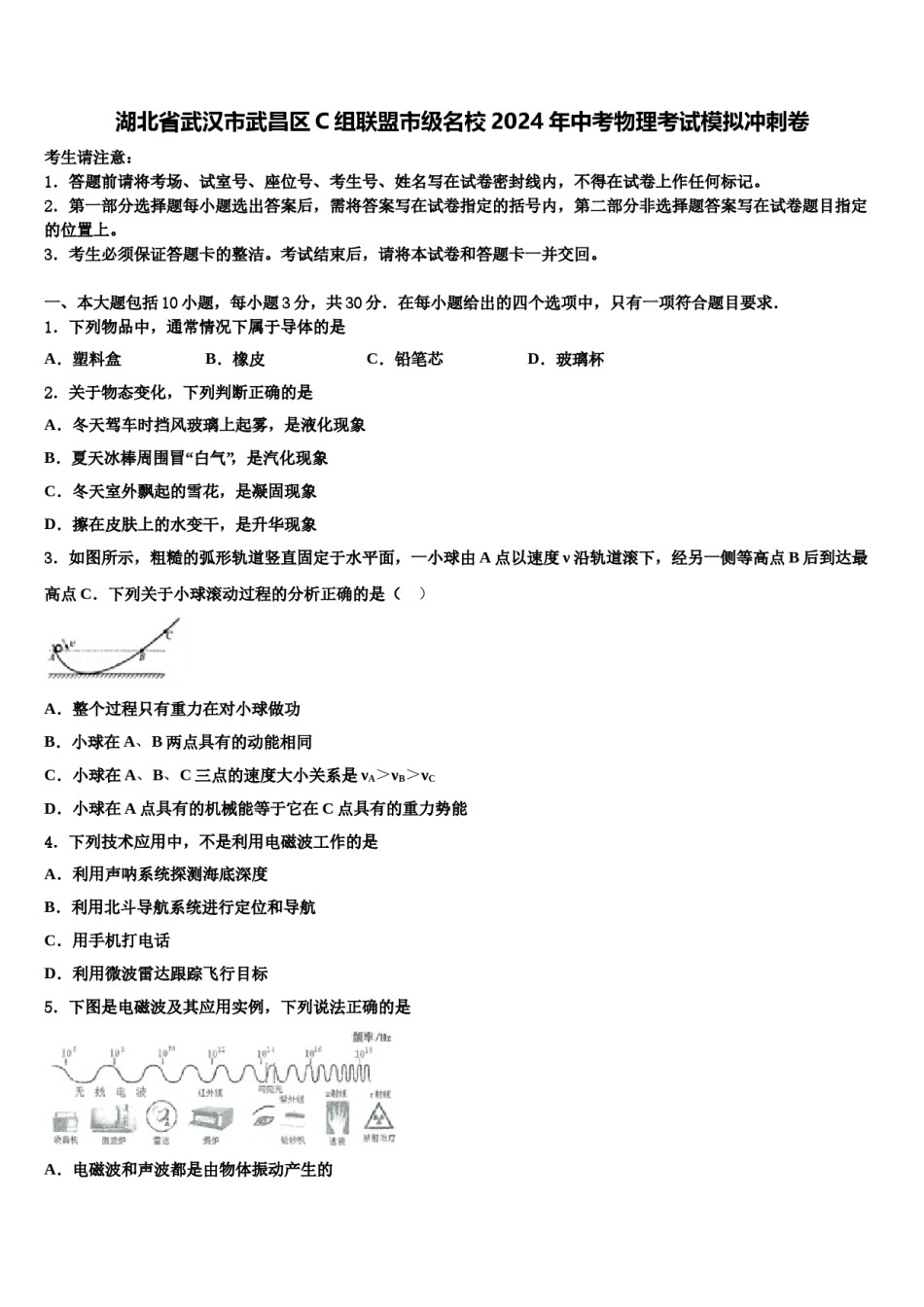 湖北省武汉市武昌区C组联盟市级名校2024年中考物理考试模拟冲刺卷含解析.doc_第1页