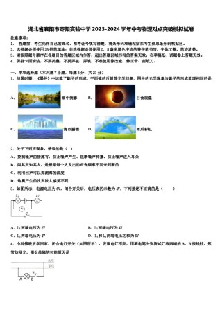 湖北省襄阳市枣阳实验中学2023-2024学年中考物理对点突破模拟试卷含解析.doc