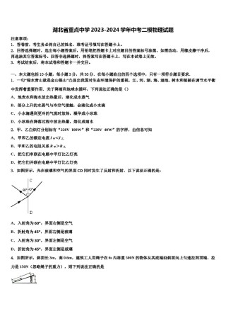 湖北省重点中学2023-2024学年中考二模物理试题含解析.doc