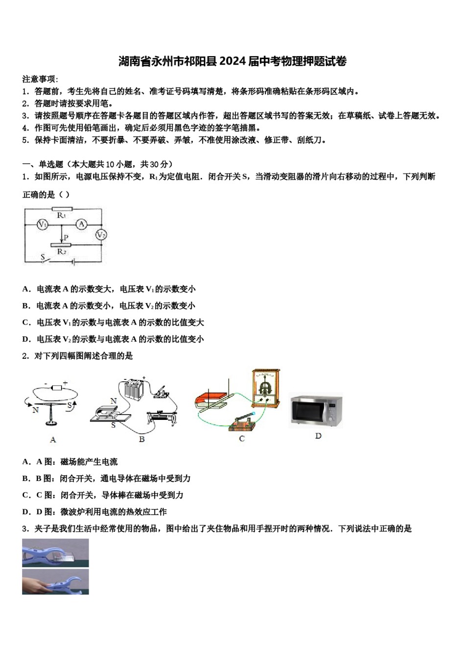 湖南省永州市祁阳县2024届中考物理押题试卷含解析.doc_第1页