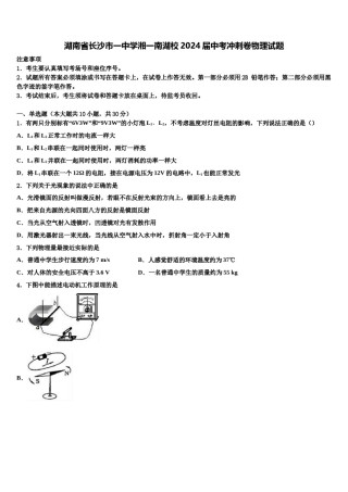 湖南省长沙市一中学湘一南湖校2024届中考冲刺卷物理试题含解析.doc
