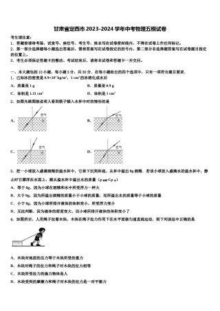 甘肃省定西市2023-2024学年中考物理五模试卷含解析.doc