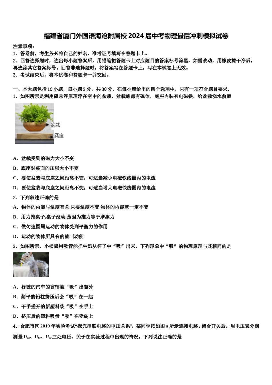 福建省厦门外国语海沧附属校2024届中考物理最后冲刺模拟试卷含解析.doc_第1页
