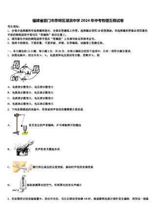 福建省厦门市思明区湖滨中学2024年中考物理五模试卷含解析.doc