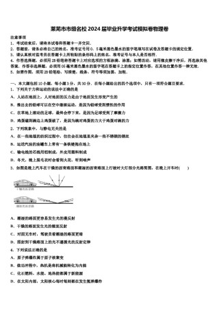 莱芜市市级名校2024届毕业升学考试模拟卷物理卷含解析.doc