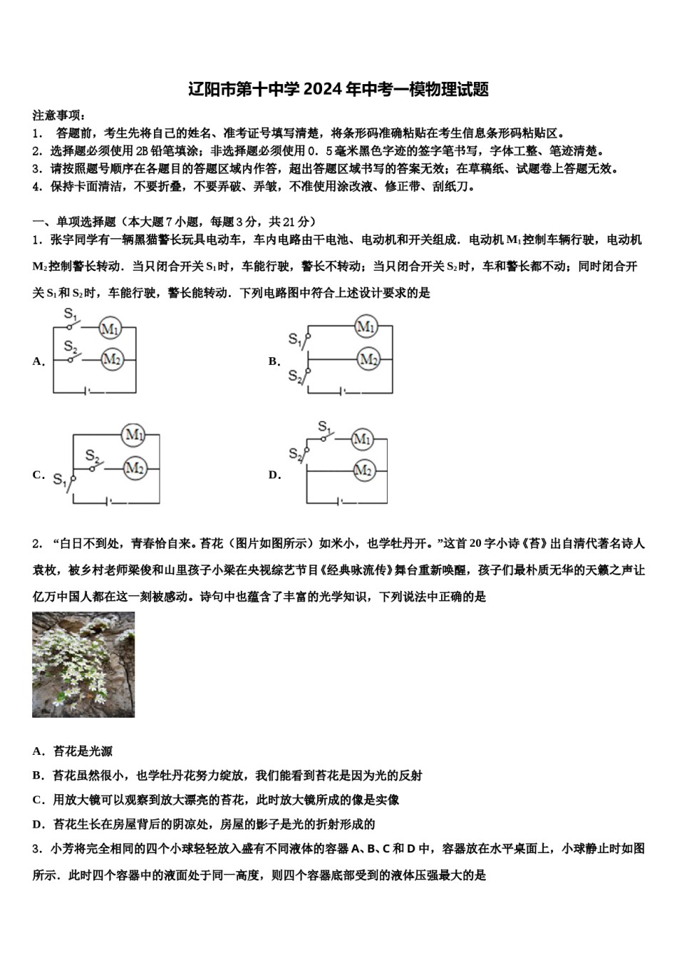 辽阳市第十中学2024年中考一模物理试题含解析.doc_第1页