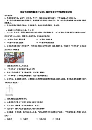 重庆市实验外国语校2024届中考适应性考试物理试题含解析.doc