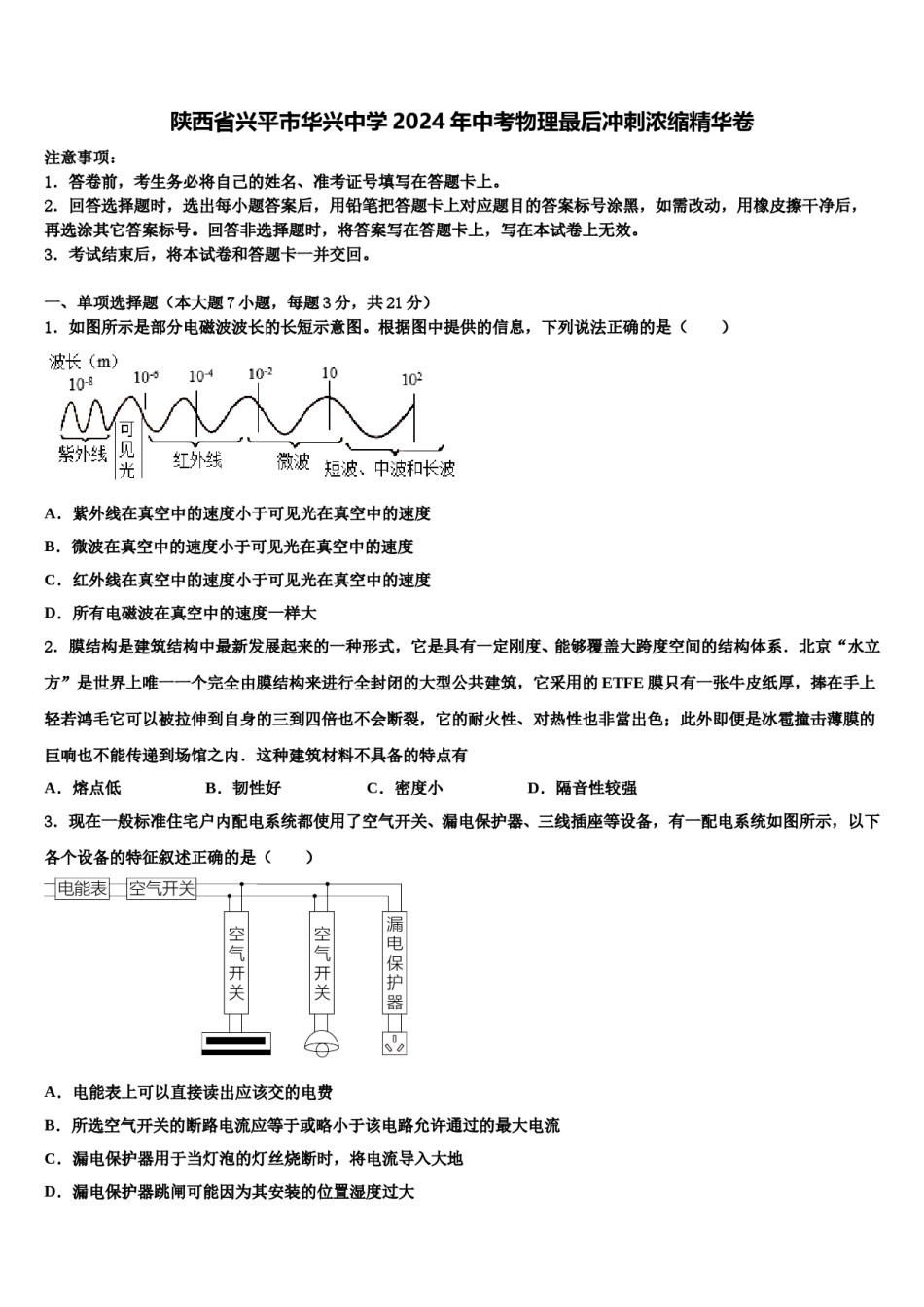 陕西省兴平市华兴中学2024年中考物理最后冲刺浓缩精华卷含解析.doc_第1页