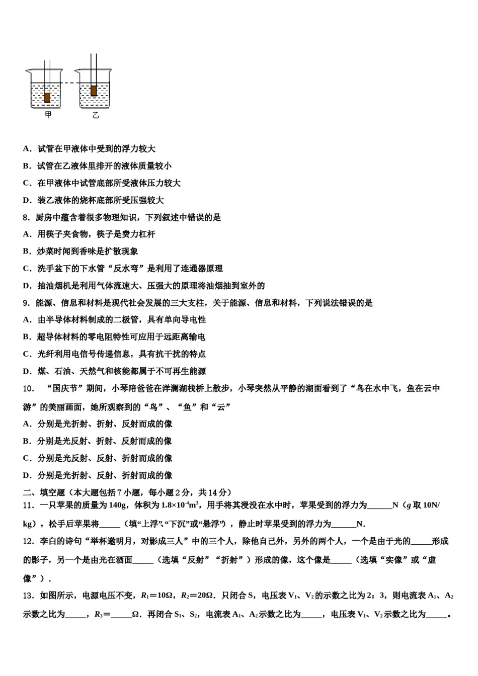 陕西省延安市延长县2023-2024学年中考物理适应性模拟试题含解析.doc_第3页