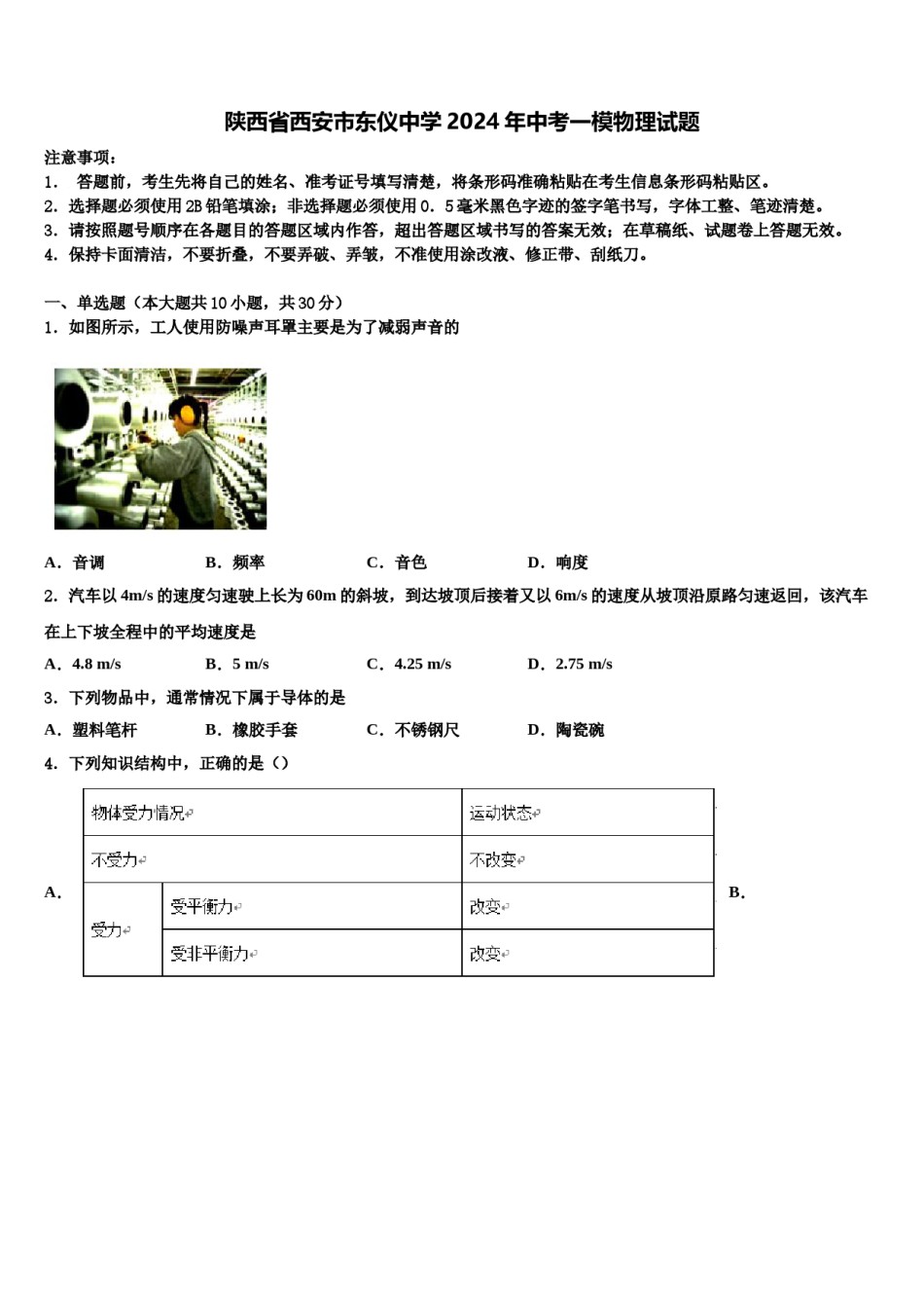 陕西省西安市东仪中学2024年中考一模物理试题含解析.doc_第1页