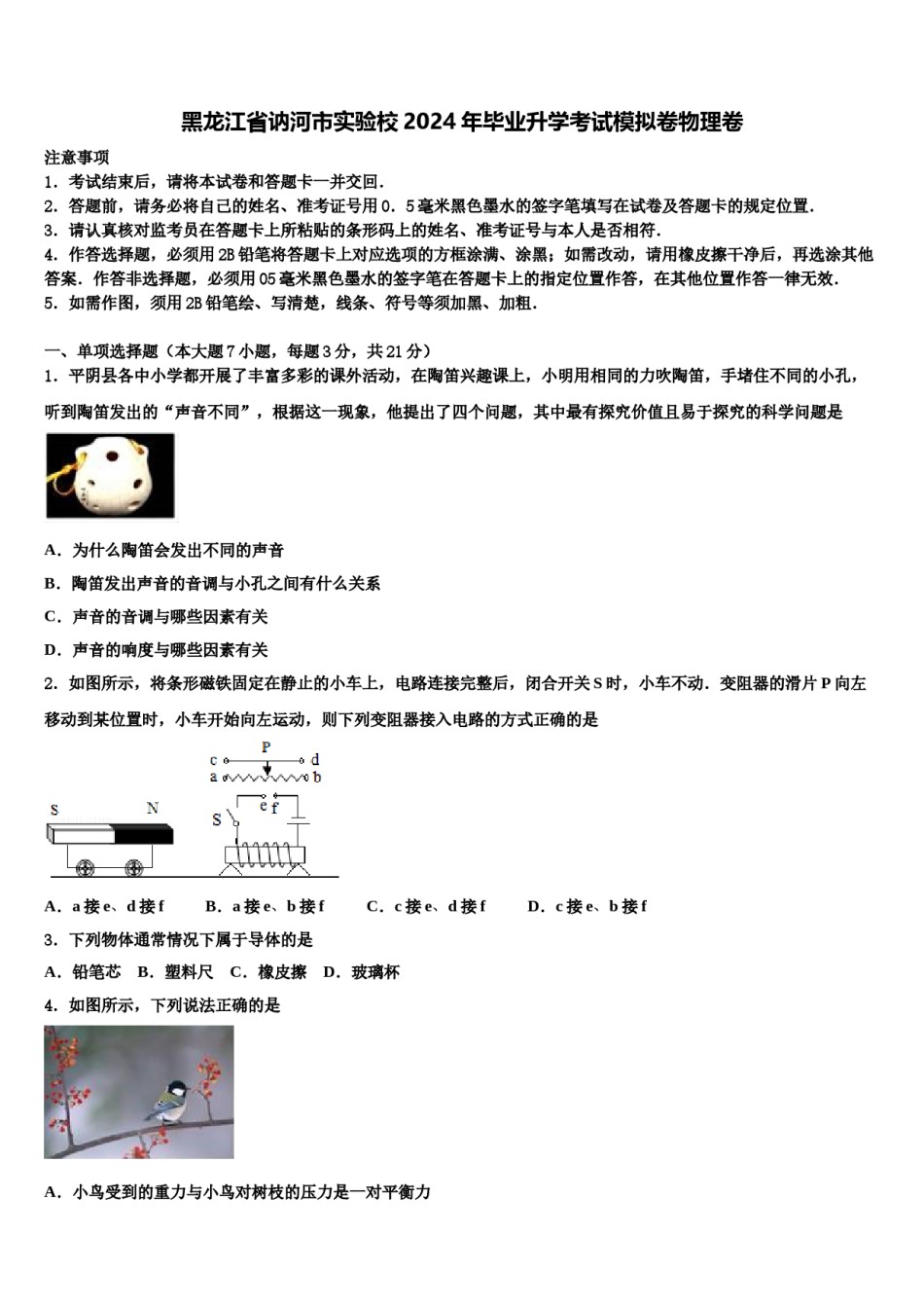 黑龙江省讷河市实验校2024年毕业升学考试模拟卷物理卷含解析.doc_第1页